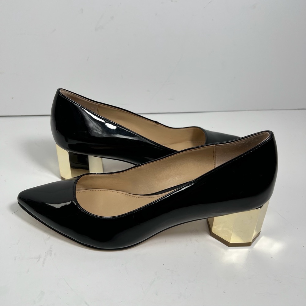 KATY PERRY The Lorenna Black Patent Gold Block Heel Pumps Size 6.5 - Picture 5 of 13